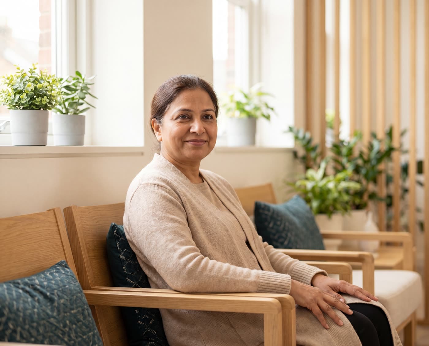 A relaxed, happy patient in the bright Northcrest Dental waiting area